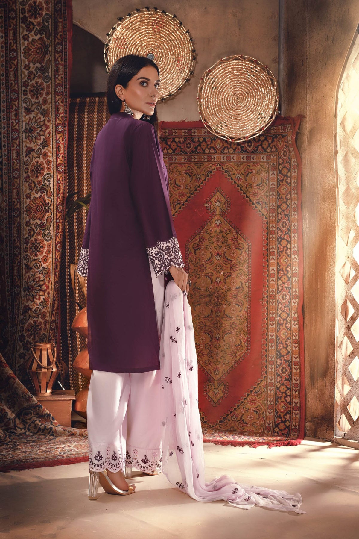 Embroidered Lawn Sleeves with Cotton trousers Plum Color - Addee REHAAM AFSHAN-E-JAHAN