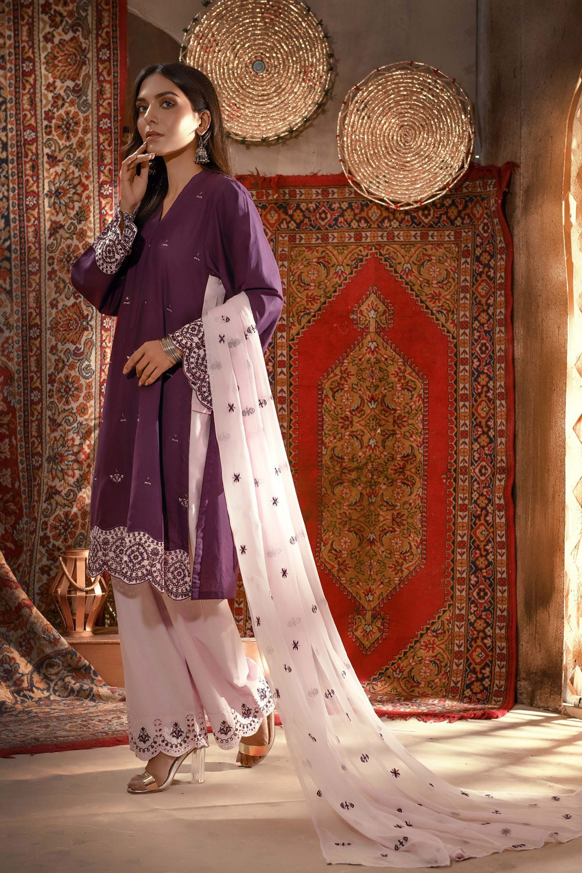 Embroidered Lawn Sleeves with Cotton trousers Plum Color - Addee REHAAM AFSHAN-E-JAHAN