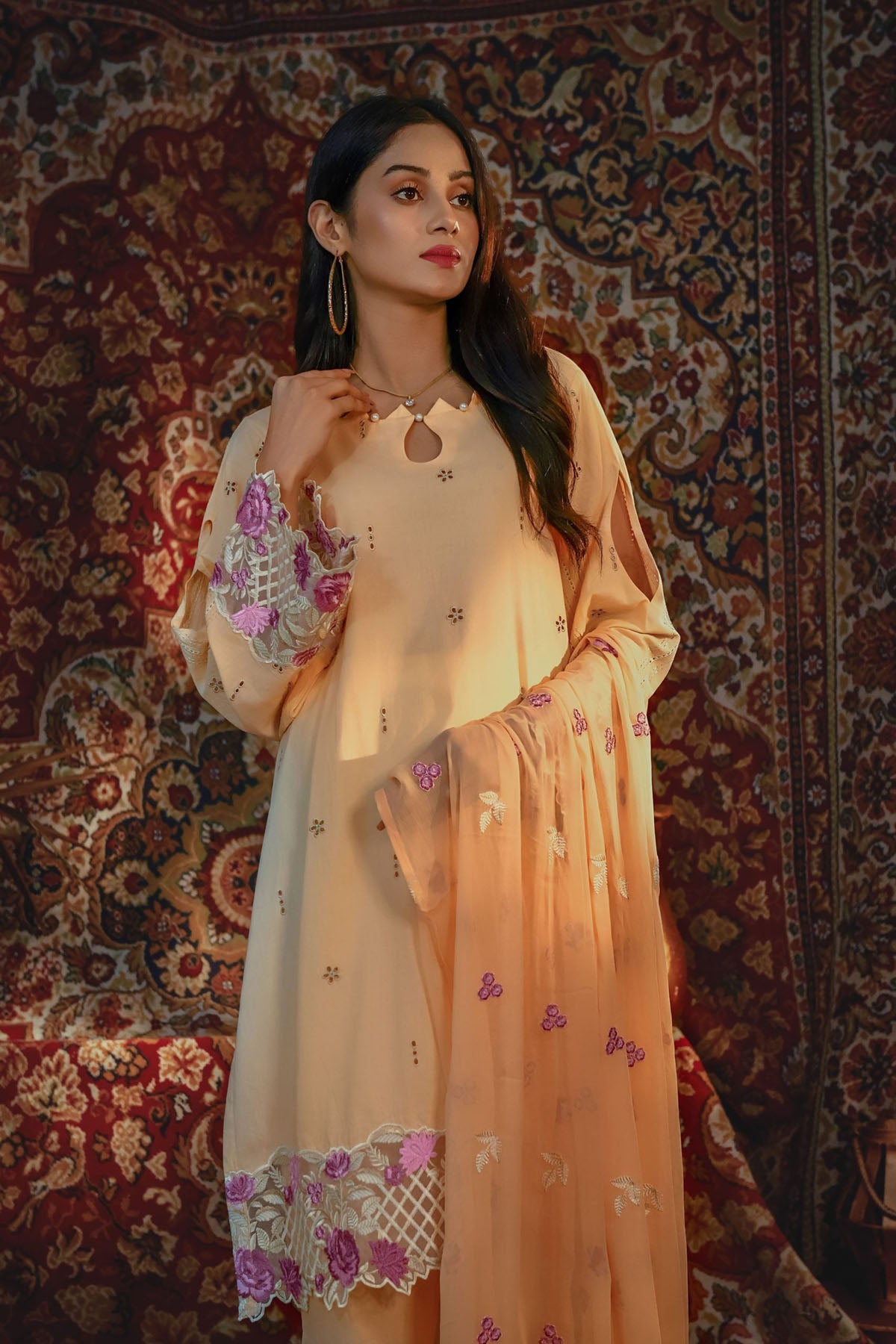 Embroidered Lawn Shirt With cotton trousers Peach White - ADDEE DHANAK AFSHAN-E-JAHAN